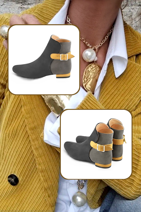 French elegance and refinement for these dark grey and mustard yellow dress booties, with buckles at the back, 
                available in many subtle leather and colour combinations. Customise or not, with your materials and colours.
This charming ankle boot fits snugly around the ankle.
It closes on the outside with a buckle.  
                Matching clutches for parties, ceremonies and weddings.   
                You can customize these buckle ankle boots to perfectly match your tastes or needs, and have a unique model.  
                Choice of leathers, colours, knots and heels. 
                Wide range of materials and shades carefully chosen.  
                Rich collection of flat, low, mid and high heels.  
                Small and large shoe sizes - Florence KOOIJMAN